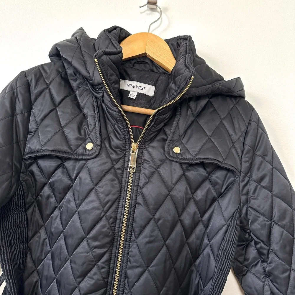 Nine West Black Diamond Quilted Puffer Jacket Belted Hooded Coat Large‎ Chic